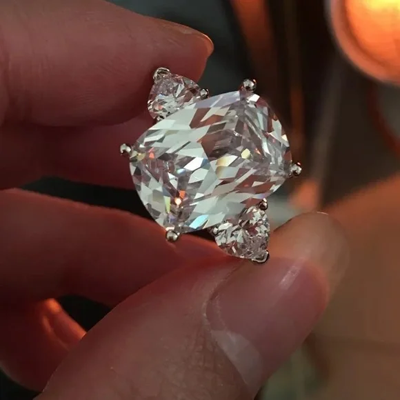 🛳 3Ct 11.7mm x 10mm Cushion Cut Austrian Crystal Solitaire Rings - Picture 7 of 12